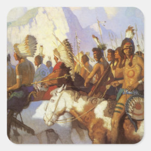 Sticker Carré Art occidental vintage, Indian War Party par NC Wy