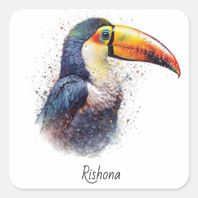 Sticker Carré Art personnalisé de toucan tropical avec nom - Ois (Devant)