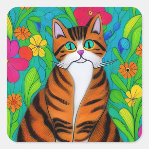 Sticker Carré Art populaire Chat et Fleurs orange