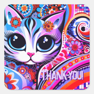 Sticker Carré Art populaire mexicain Kitty Cat Abstrait Annivers
