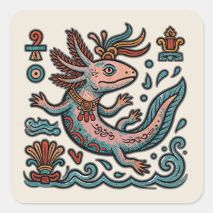 Sticker Carré Art tribal bohème aztèque axolotl Xolotl pierre ér
