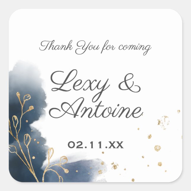 Sticker Carré Artistic Chic Navy Blue Splashes Gold Dust Mariage (Devant)