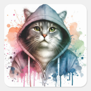 Sticker Carré Artwork d'aquarelle Tabby Chat dans une plaque Swe