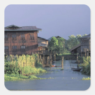 Sticker Carré Asie, Myanmar, lac Inle. Un village flottant sur