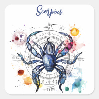 Sticker Carré Astrologie signe zodiaque Scorpus en aquarelle