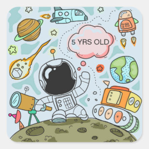 Sticker Carré Astronaut Sur La Lune Avec Navire Spatial Et Astér