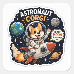 Sticker Carré Astronaute Corgi – Vers la Lune & Au-Delà !