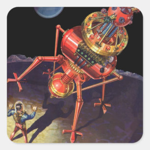Sticker Carré Astronaute en science-fiction vintage avec robot A