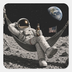 Sticker Carré Astronaute se détendant avec de la bière sur la Lu