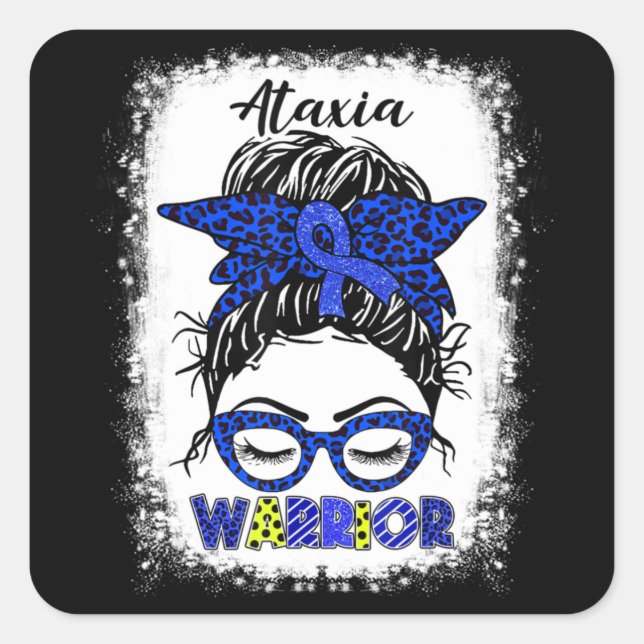 Sticker Carré Ataxia Warrior Messy Bun Blue Ribbon Femmes Ataxia (Devant)