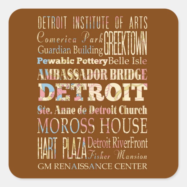 Sticker Carré Attractions et endroits célèbres de Detroit, (Devant)