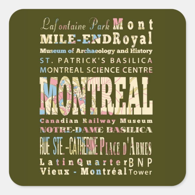 Sticker Carré Attractions et lieux célèbres de Montréal, Québec. (Devant)