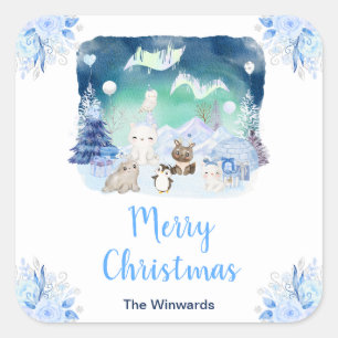 Sticker Carré Aurores boréales Animaux arctiques Joyeux Noël