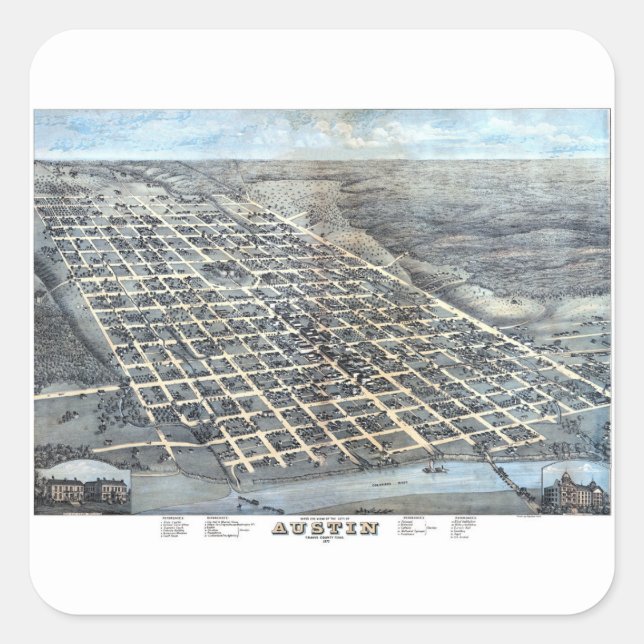 Sticker Carré Austin, Texas Antique Aerial City Carte de 1873 (Devant)