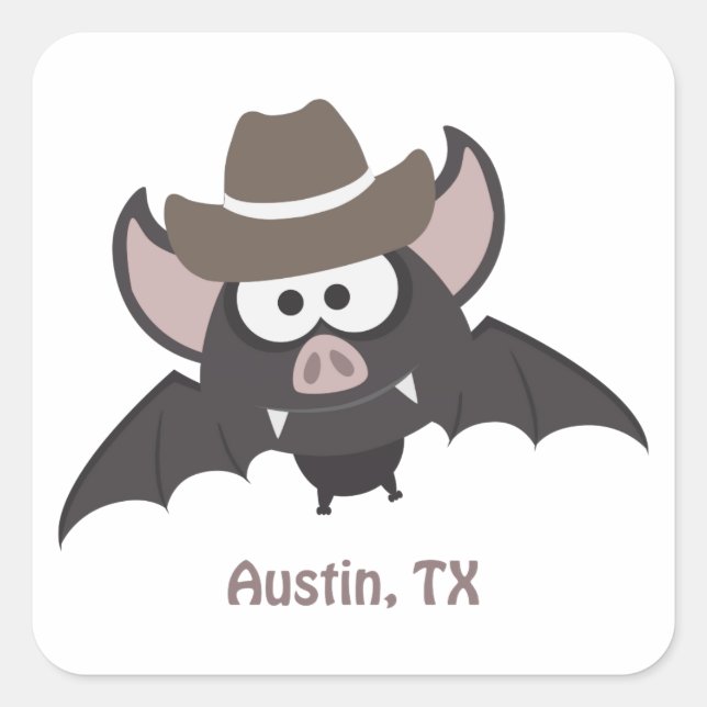 Sticker Carré Austin Texas Cute Cartoon Cowboy Bat (Devant)