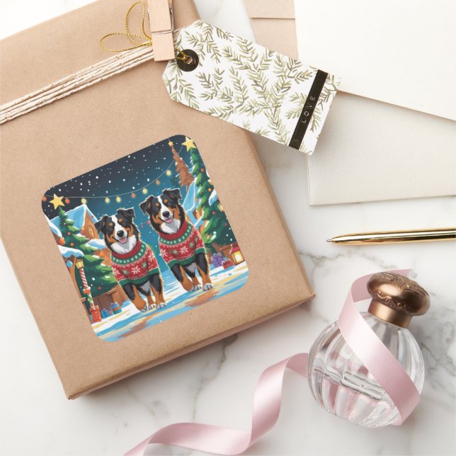 Sticker Carré Australian Shepherd Dogs Christmas Snow Holiday (Cadeaux)