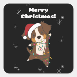 Sticker Carré Australian Shepherd Merry Christmas Winter
