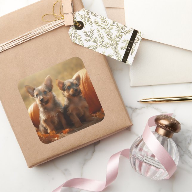 Sticker Carré Australien Terrier Chiot Automne Citrouille de pla (Cadeaux)