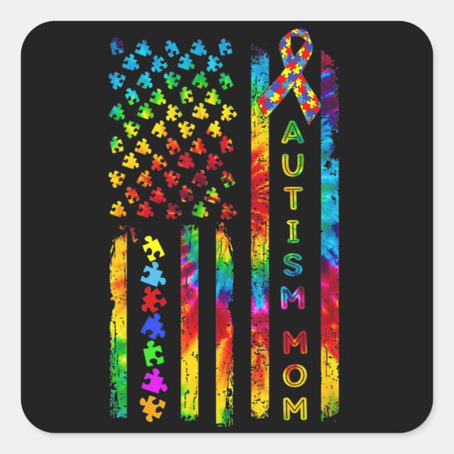 Sticker Carré Autism Mama Tee Autism Awareness Tie Dye American  (Devant)
