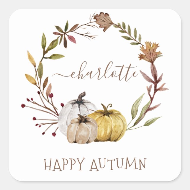 Sticker Carré Automne Aquarelle Citrouille heureux automne (Devant)