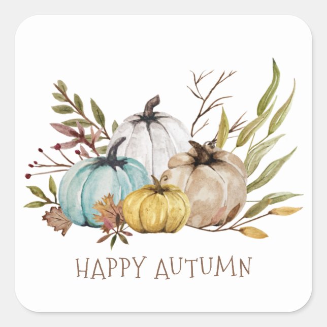 Sticker Carré Automne Aquarelle Citrouille heureux automne (Devant)