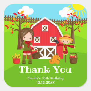 Sticker Carré Automne Barnyard Anniversaire Brown cheveux fille
