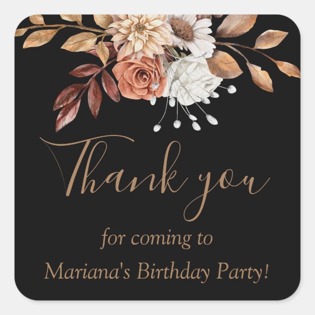 Sticker Carré Automne Bouquet floral Anniversaire Noir Faveur (Devant)