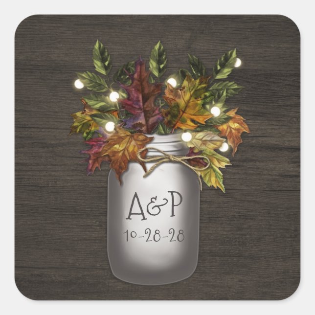 Sticker Carré Automne Feuilles Mason Jar Mariage rustique Faveur (Devant)