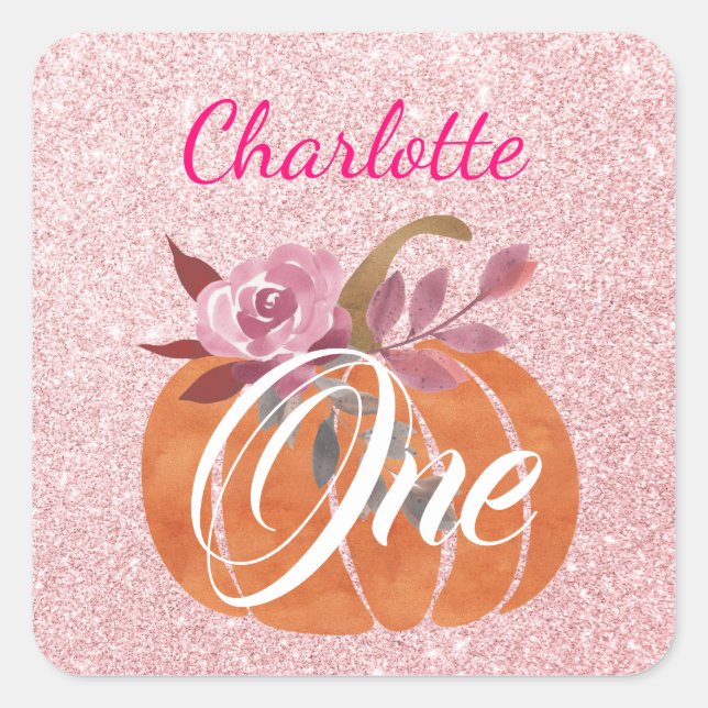 Sticker Carré Automne Floral Citrouille 1er Anniversaire Rose Or (Devant)