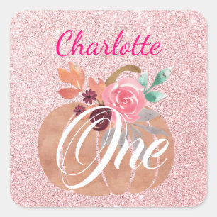 Sticker Carré Automne Floral Citrouille 1er Anniversaire Rose Or