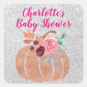 Sticker Carré Automne Floral Citrouille Baby shower rose argent