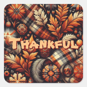 Sticker Carré Automne Plaid Feuilles Orange Black Motif