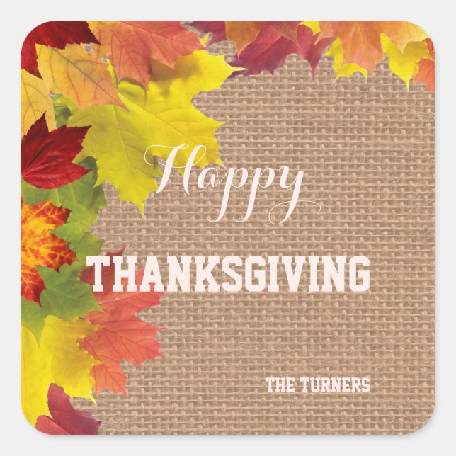 Sticker Carré Automne Russe Burlap Bon thanksgiving Monogramme (Devant)