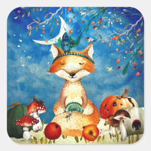 Sticker Carré Automne Woodland Friends Fox Forest Illustration
