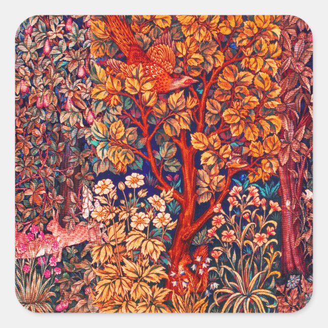 Sticker Carré AUTUMN FOREST ANIMALS Haricots, faisan, Floral rou (Devant)