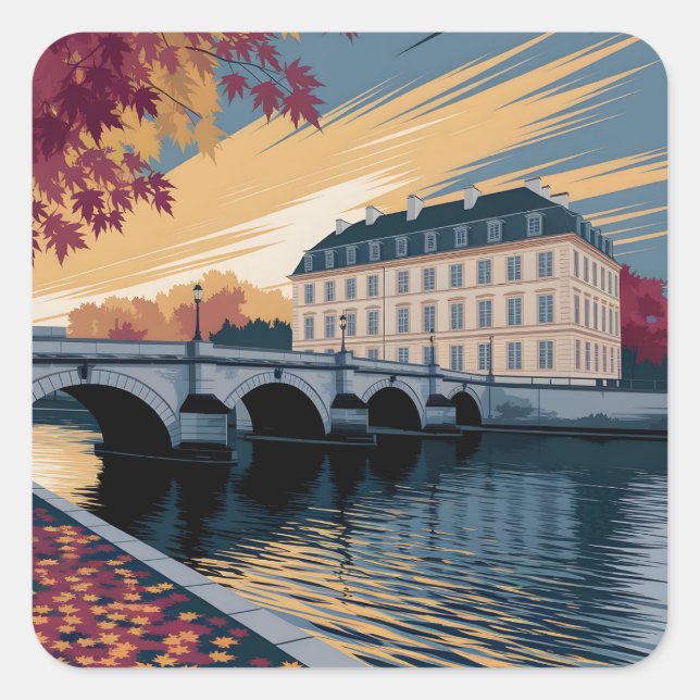 Sticker Carré Autumn Riverside European City Illustration Art (Devant)