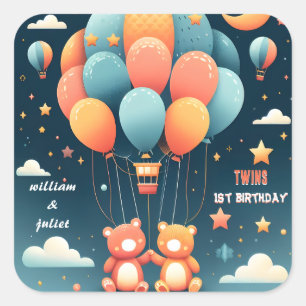 Sticker Carré Avec l'ours joint Hot Air Balloon Twins 1er annive