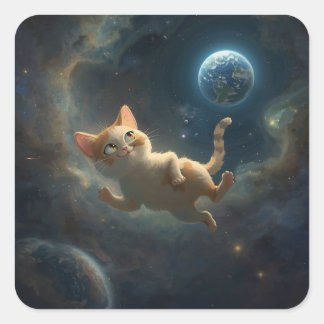 Sticker Carré Aventure du chat cosmique – Peinture spatiale ench