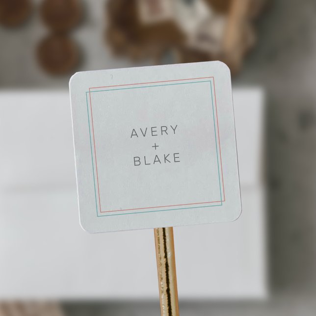 Sticker Carré AVERA Corail moderne et Mariage frontalier Turquoi (AVERY Modern Coral and Teal Border Wedding Square Sticker)
