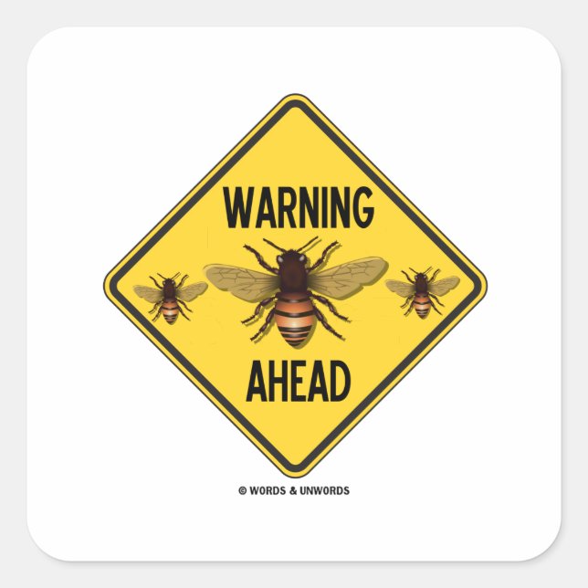 Sticker Carré Avertissement Abeilles devant trois abeilles Jaune (Devant)