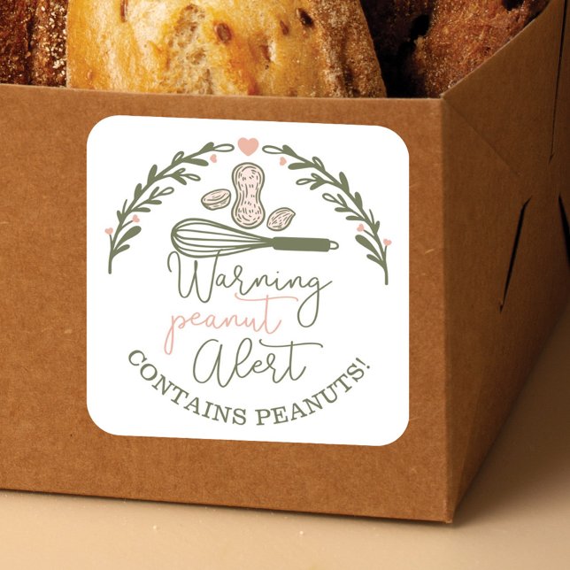 Sticker Carré Avertissement Alerte à l'arachide - Boulangerie Al (Warning Peanut Alert - Bakery Peanut Allergy Food Square Sticker)