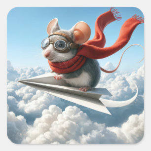 Sticker Carré Aviateur Souris Piloter un avion en papier