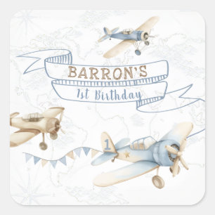 Sticker Carré Avion Vintage Aviateur Pilote 1er Anniversaire