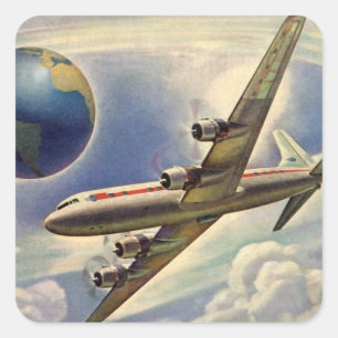 Sticker Carré Avion vintage volant autour du monde dans les nuag