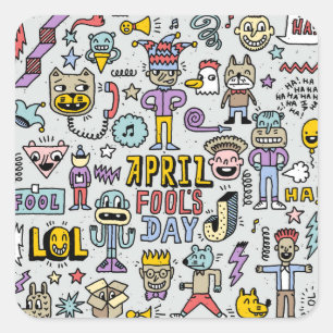Sticker Carré Avril Fools : Jeu de Doodles Colorés.