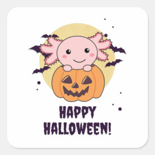 Sticker Carré Axolotl In Pumkin Sweet Axolotls Happy Halloween