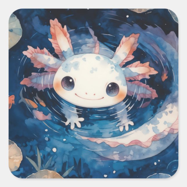 Sticker Carré Axolotl lunaire dans les eaux lunes (Devant)