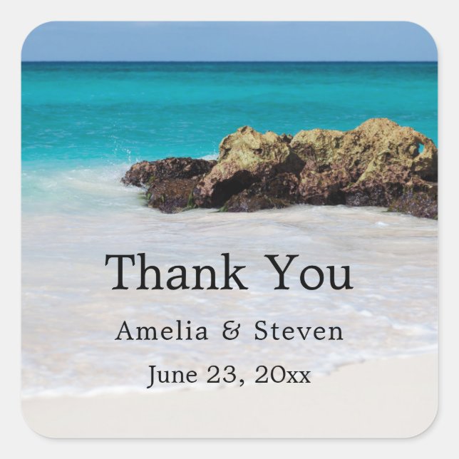 Sticker Carré Azure Ocean Sandy Beach Mariage photo Merci (Devant)