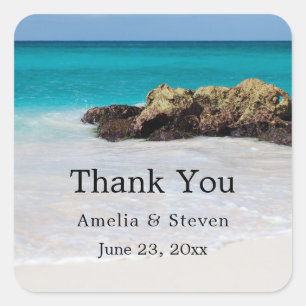 Sticker Carré Azure Ocean Sandy Beach Mariage photo Merci