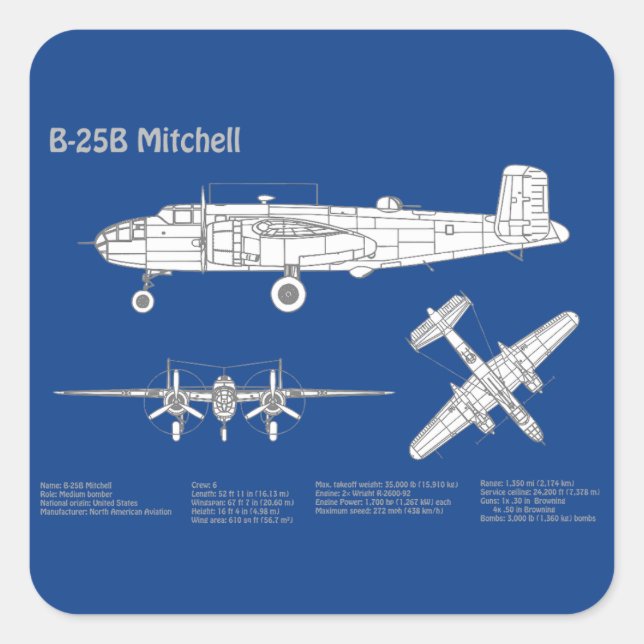 Sticker Carré B-25B Mitchell Doolittle - Plan d'avion ABD (Devant)